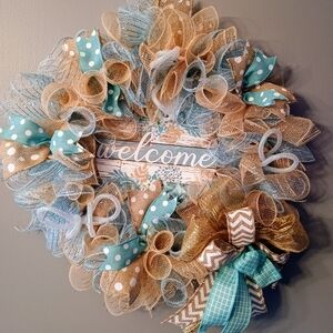 Charming Blue and Gold Welcome Everyday Wreath